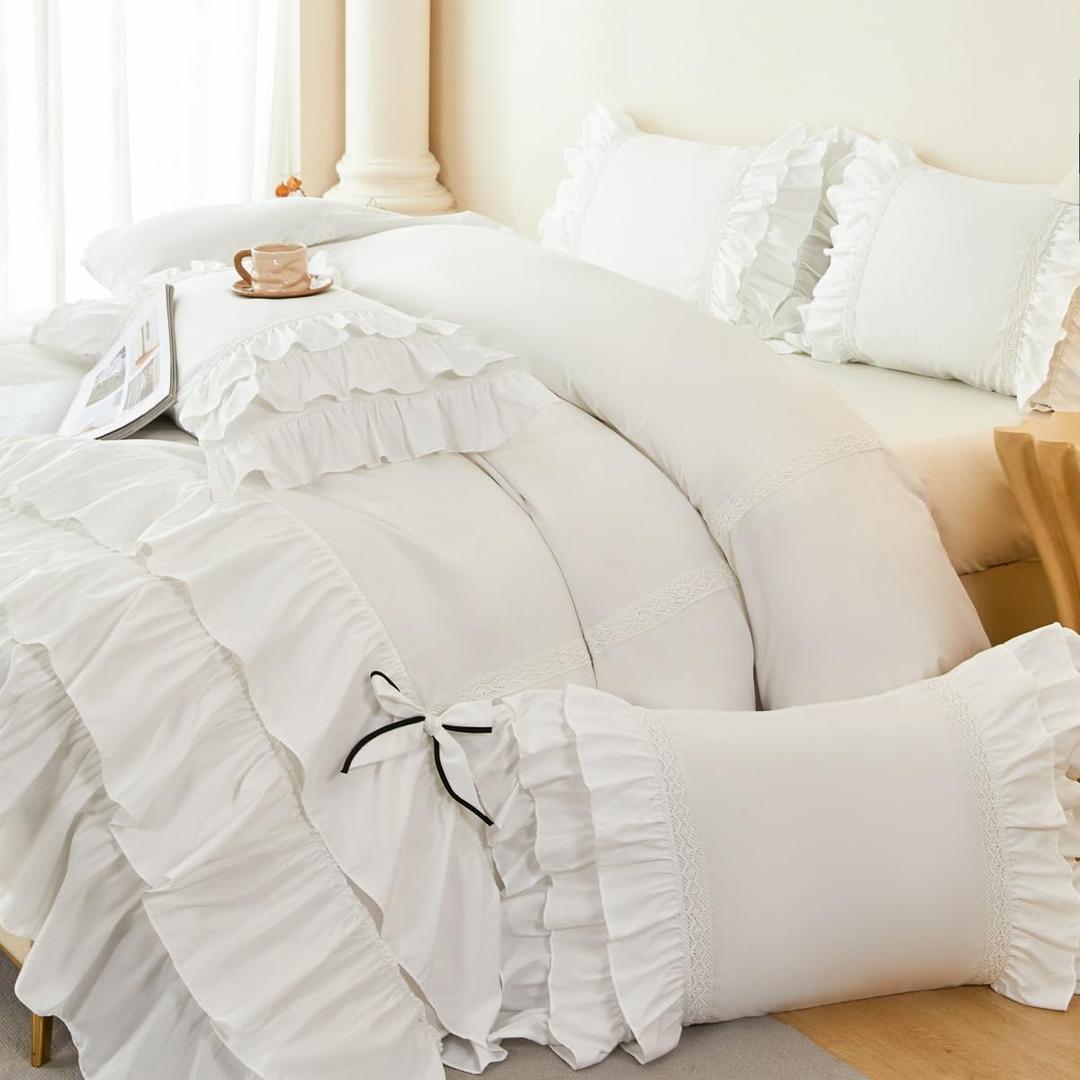 White Ruffle Duvet Cover Queen Washed Microfiber Farmhouse Shabby Boho Chic Bedding Comforter Quilt Cover 3 Pieces Vintage Aesthetic French Country Queen Bed Set Extra Soft Breathable