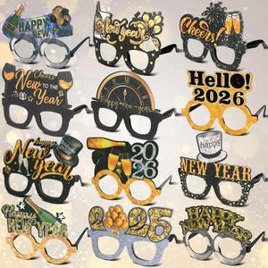 Mega-L 12 Pcs Happy New Year Eyeglasses, 2026 New Year Glasses, New Year Party Supplies Favors, Black Gold Silver Glitter New Year Photo Booth Props for Eve Party Celebration Decorations 2026