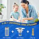 2PCS Bathroom Sink Stopper Strainer, Pop-Up Bathroom Sink Drain Strainer with Removable Stainless Steel Hair Catcher Basket, Universal Fit for US Bathroom Sinks, Bathtubs, Showers & Floor Drains