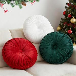 3 Pcs Round Throw Velvet Pillows Classy Accent Pumpkin Throw Pillows 15 Inch Decorative Cushion for Couch Chair Bed Car, 2 Styles(Red, Green, White)
