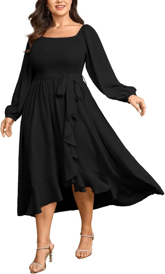 SCOMCHIC Women Plus Size Cocktail Dress Formal Long Sleeve Wedding Guest Smocked High Low Ruffle Dress with Belted (3XL,  Black)