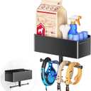 Dog Leash Holder for Wall, Dog Leash Hooks, Pet Stuff Organizer with Shelf Storage, Metal Key Holder, Leash Hangers Organizer Rack for Pet Collar, Toys, Treats, Poop Bag (Black)