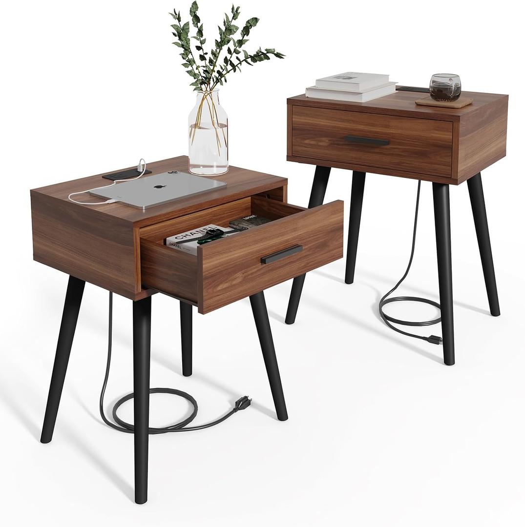 HAIOOU Nightstands Set of 2, Mid Century Modern Night Stand with Charging Station, End Table with Storage Drawer Premium Matte Black Handle,Side Table with Pine Wood Legs for Home Bedroom Living Room, 13.7 inches x 17.7 inches x 24.4 inches