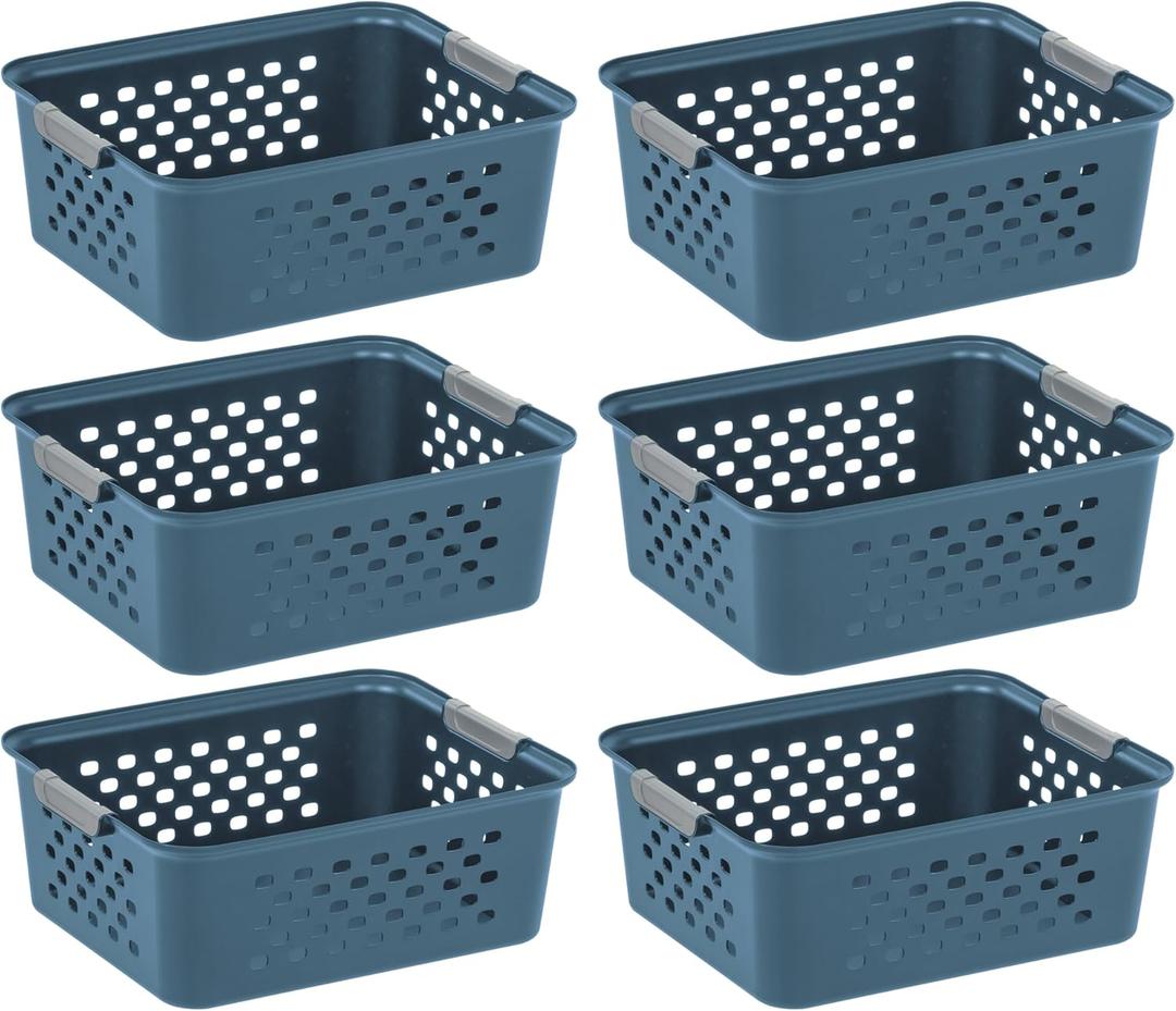 IRIS USA Plastic Storage Basket, 6-Pack, Medium, Shelf Basket Storage Organizer for Pantry, Cabinet, Bedroom, Closet, Laundry Room, Eco-Friendly, Navy