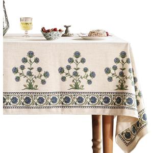 patdrea Designer Blue Tablecloth for Rectangle Tables,Vintage Linen with Leaves and Flowers Pattern Tablecloths,Farmhouse Floral Table Cover Cloth Decor for Kitchen Dining Christmas,67"*118" (118" x 63" (Rectangular))