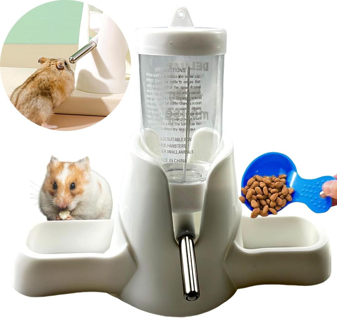 Hamster Water and Food Dispenser Set, Stand Water Bottle Holder Food the Bowl for Dwarf Hamsters Small Guinea Pigs Gerbil Hedgehog Small Animals Hamster Cage Accessories, Mini Pets Stuff (Blue, 80 ml)