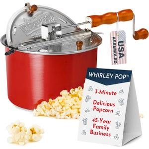Original Whirley Pop Popcorn Maker - 6 Quart Popcorn Popper, Aluminum Popcorn Maker With Metal Gears, Wabash Valley Farms Stove Top Popc Maker, Gourmet Popcorn Pot, Culinary Popcorn Popper (Red)