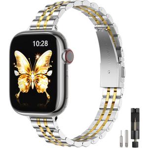 STIROLL Slim Metal Band Compatible with Apple Watch 41mm 40mm 38mm 42mm(Series 11 10) Women, Stylish Thin Stainless Steel Chain Straps for iWatch Bands Series 9 8 7 6 5 4 3 2 1 SE, Silver Gold