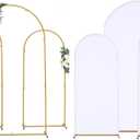 Vincidern Wedding Arch Backdrop Stand and Cover Set, (7.2FT, 6.6FT, 5.9FT), 3 Gold Metal Arch Stands, 3 White Spandex Arch Covers for Parties, Birthdays, Baby Showers, Bridal, Banquets, Ceremonies