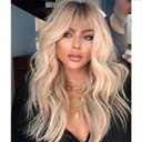 Blonde Wig with Bangs,Dirty Blonde Wavy Wigs for Women,Shoulder Length Curly Synthetic Hair Wig for Party Daily Use 18IN