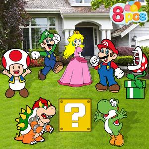 Mario Birthday Party Supplies, 8PCS Yard Signs with Stakes, Outdoor Lawn Party Decor, Mario Birthday Party Decorations, Yard Signs for Super Mario Theme Birthday Party