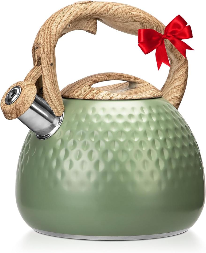 Hauce Radio Tea Kettle Stovetops, 2.5 Quart Food Grade Stainless Steel Water kettles for Stove Top Teatop with Anti-hot Ergonomic Handle,Suitable for All Heat Sources (Olive Green)