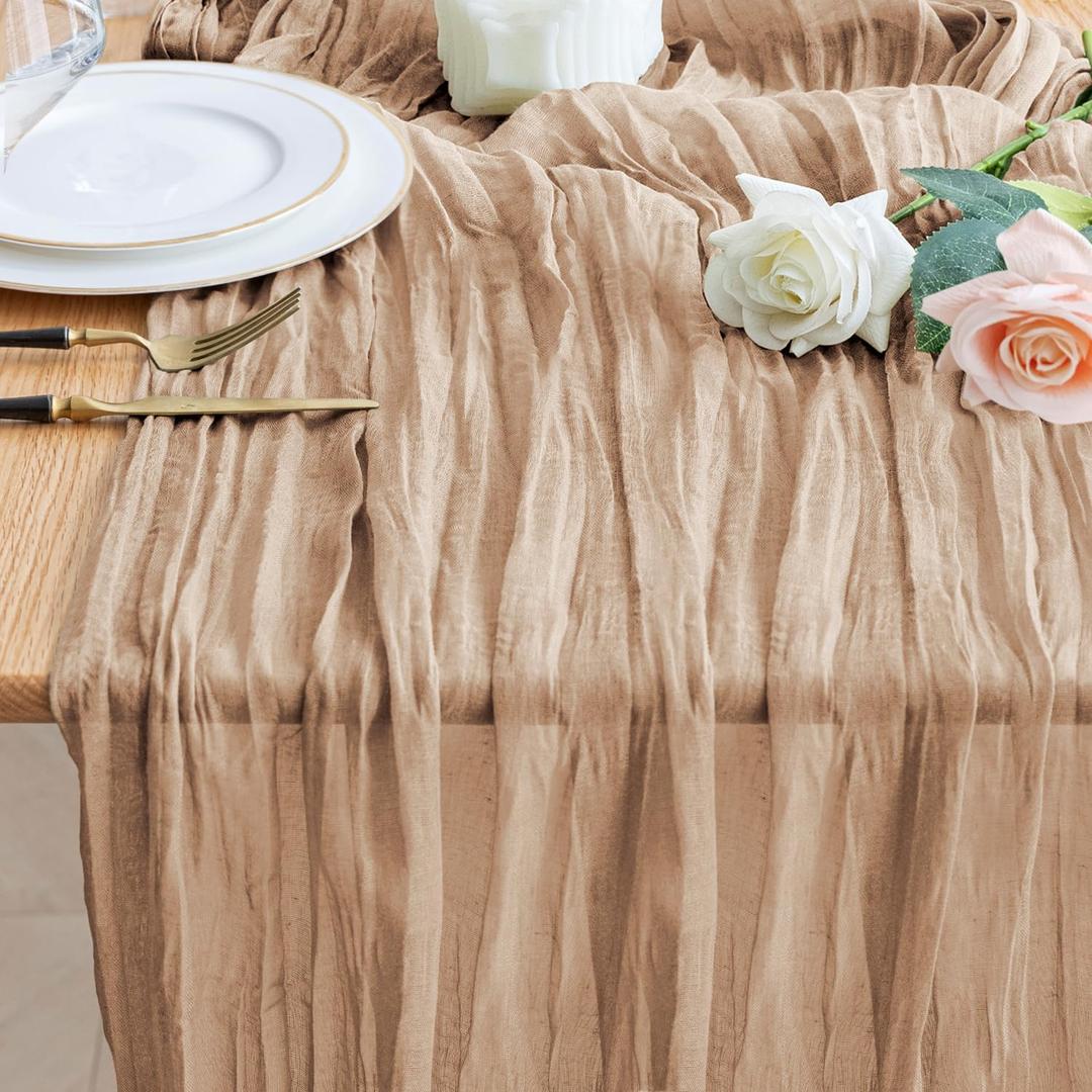 Wokceer Cheesecloth Table Runner Nude Brown 10FT Boho Gauze Cheese Cloth Table Runner for Party Long Rustic Sheer Table Runners for Baby Bridal Shower Wedding Easter Table Decor