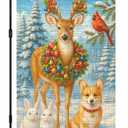 2 x IVN Christmas Animal Friends Garden Flag Yard Flag for Outside 12 x 18 Inch Double Sided Burlap Snow Reindeer Dog Bunny Banner for Patio Lawn Home Outdoor Decoration