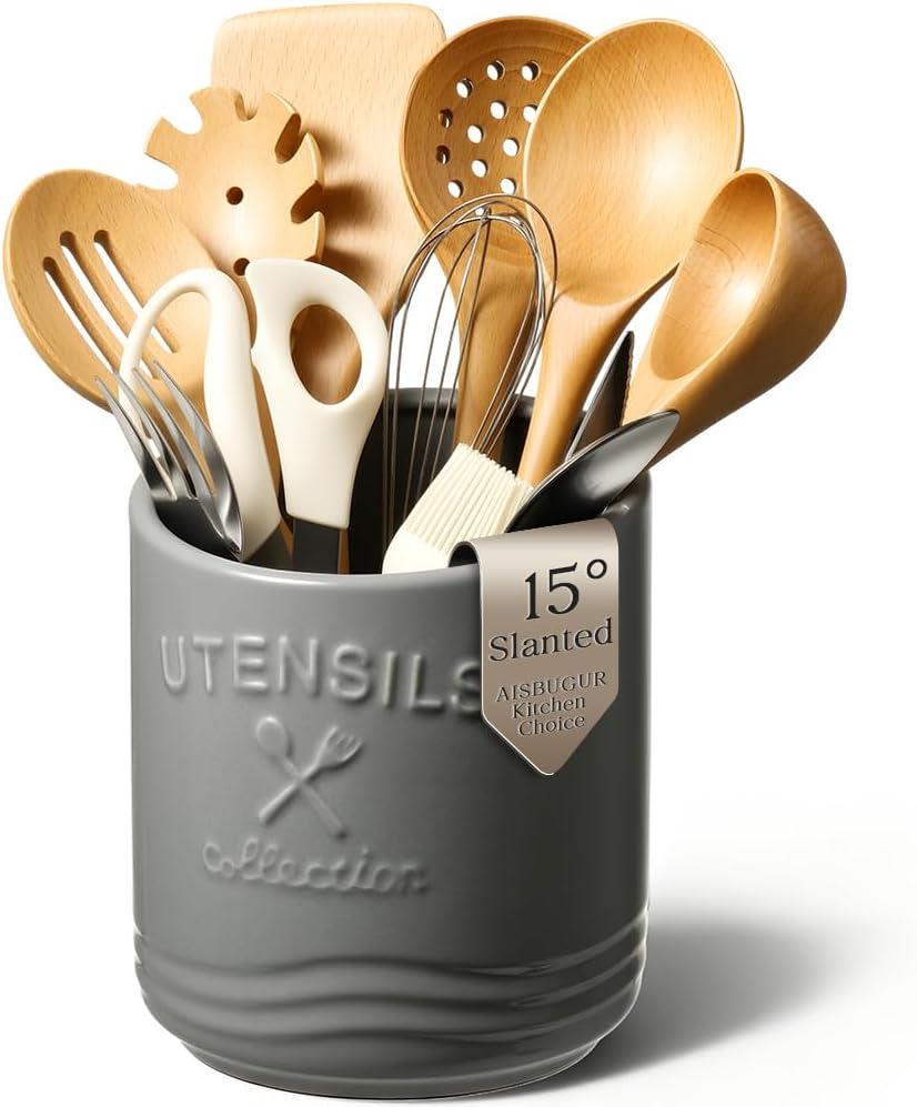 AISBUGUR Large Ceramic Utensil Holder 7.5" H6.3" W with Slanted Mouth - Utensil Crock with Non-Slip Cork Base for Kitchen Counter, Ideal for Decor & Gift,Grey