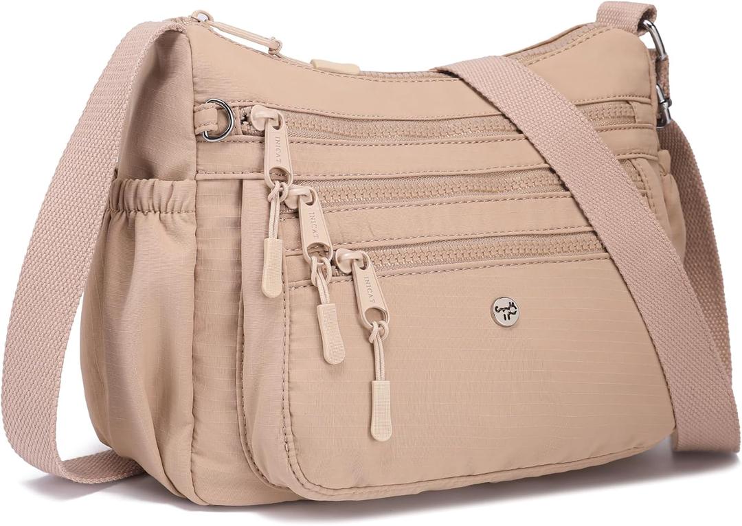 AOCINA Crossbody Bags for Women Multi Pocket Nylon Lightweight Ladies Purses Messenger Shoulder Handbags Satchel Travel Bag (Large, Khaki)