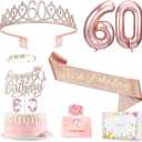 60th Birthday Decorations for Woman, 60th Birthday Sash and Crown, Cake Topper, Number Candles and Balloons,, 60 Year Old Gifts for Women