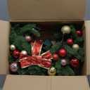 Juegoal 21 Inch Pre-Lit Christmas Wreath with Metal Hanger, Lighted Xmas Folded Wreath with 60 LED Lights, Red Bow and Colorful Balls, Battery Operated & Timer for Outdoor Home Window Wall Front Door