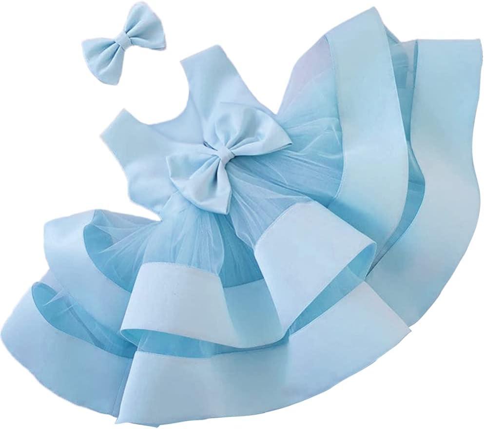 AIMJCHLD 0-6T Baby Girls V Backless Flower Dress Pageant Party Wedding Gown Dresses with Hair Bow (3-4T, Light Blue)