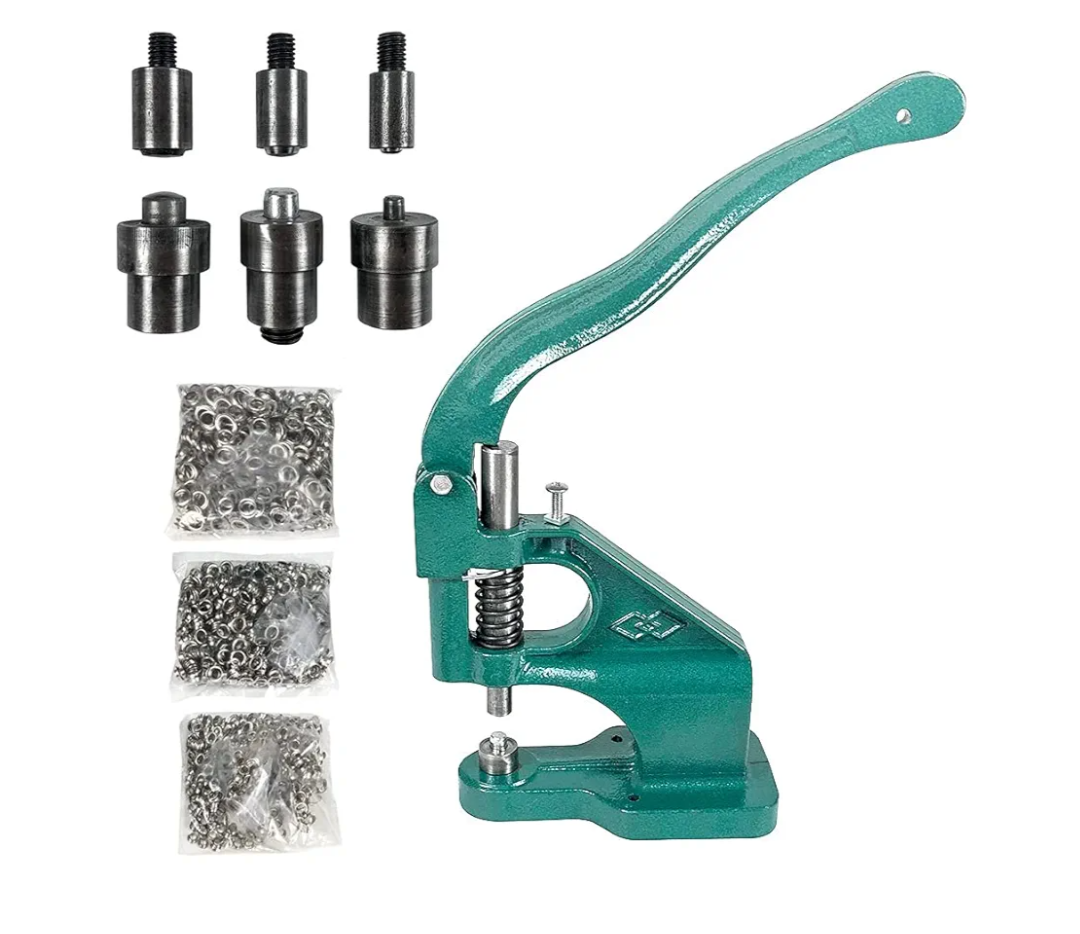 QWORK - Hand Press Heavy Duty Eyelet Grommet Machine Punch Tool Kit with 3 Dies and 1500 Pcs Silver Grommets