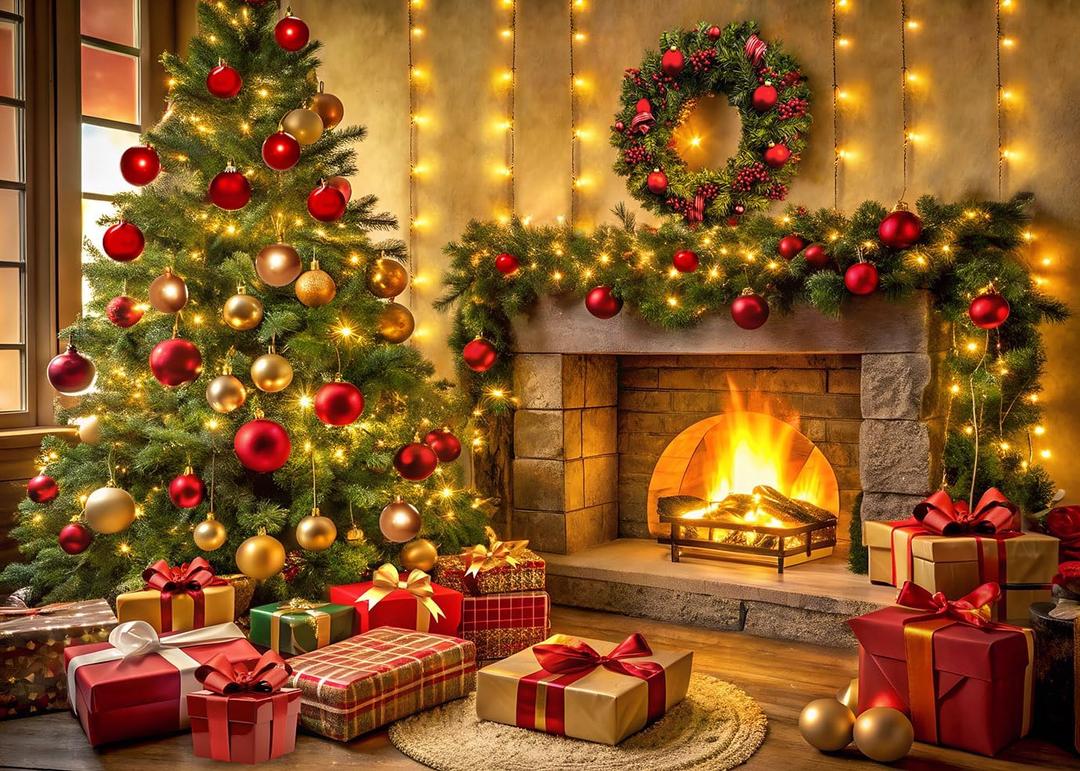 LYCGS 10x8ft Christmas Fireplace Backdrop Xmas Tree Gift Photography Background Merry Christmas Party Decor X-448
