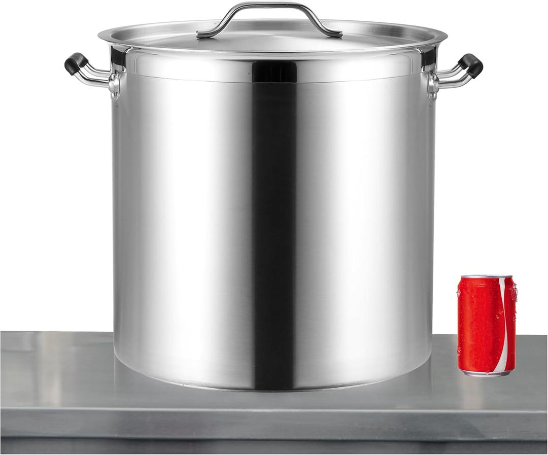 CURTA 50 Quart Large Stock Pot with Lid, NSF Listed, Induction Ready, 3-Ply Clad Base, 18/8 Stainless Steel Cooking Pot, Commercial Cookware for Soup, Stew & Sauce, Riveted Silicone Handle
