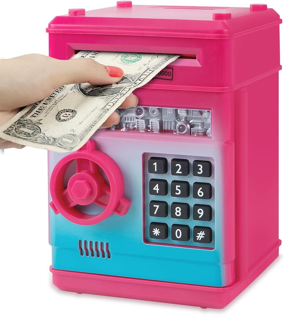 Refasy Piggy Bank Cash Coin Can ATM Bank Electronic Coin Money Bank for Kids Age 3-12, Money Savings Box Mini ATM Coin Bank Toys Gifts for 3 4 5 6 7 8 9 10 11 12 Year Old Boys Girls (Rose Red)