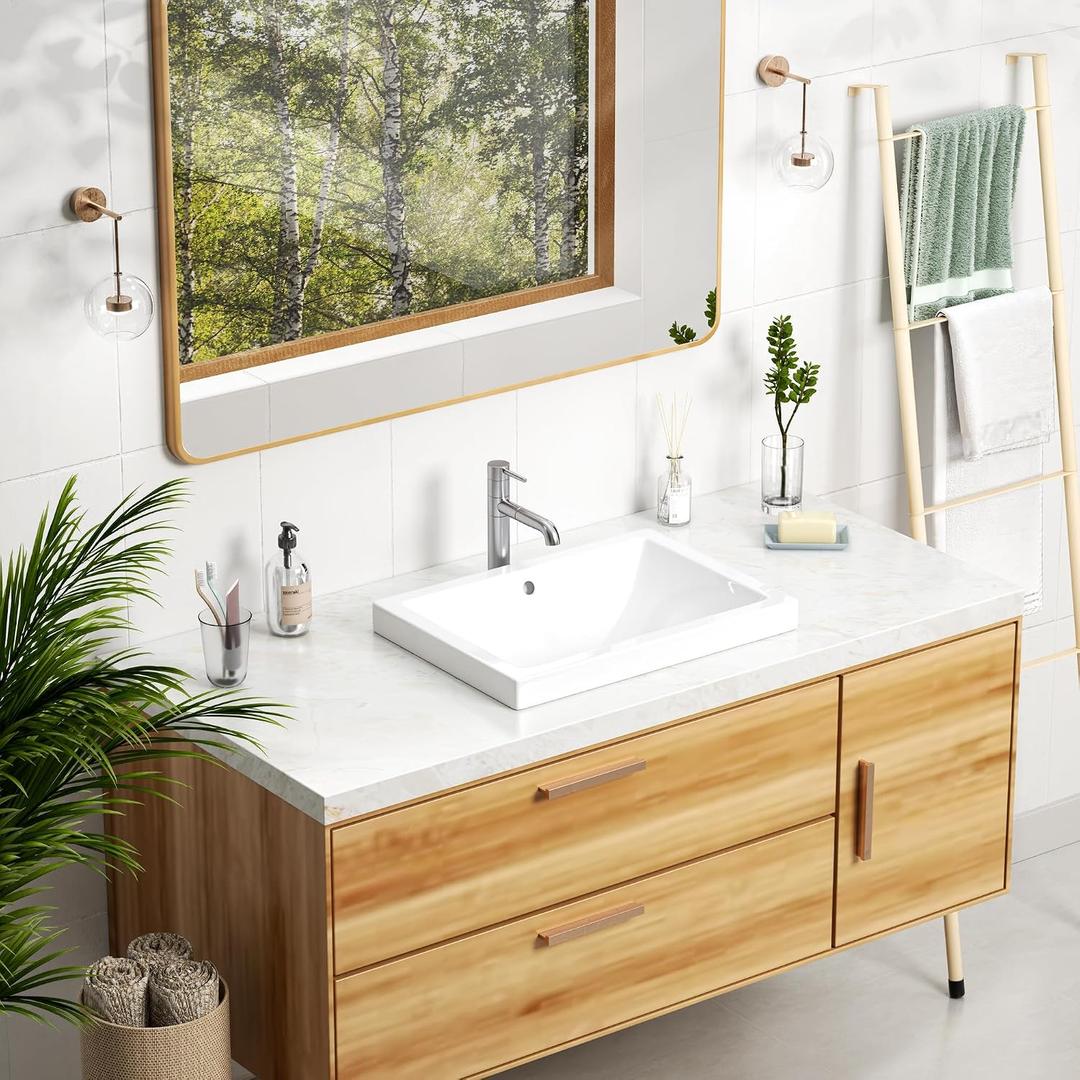 Enbol 20.6" x 14.7" Drop in Bathroom Sink Rectangle Vessel Sink Self-rimming Top Mount Bathroom Sink White Ceramic Lavatory Vanity with Overflow O2014-2, 20 5/8"Lx 14 3/4"Wx 6 1/8"H