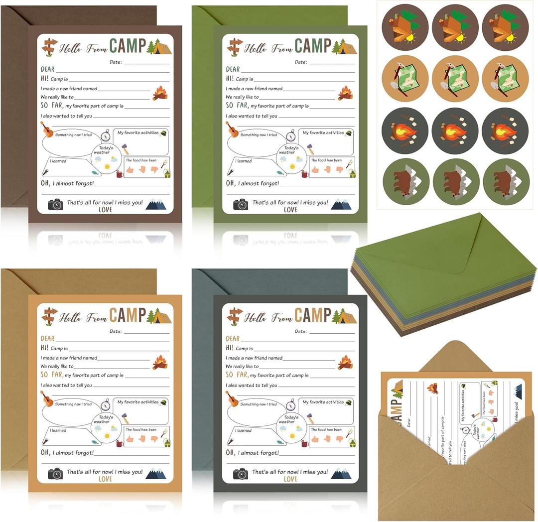 ANGOLIO Funny Camp Greeting Cards - 25Pcs Summer Camp Adventure Flat Notecards with Envelopes Stickers for Campers Boys Girls Travel Camping Trip School Family Hiking Beach Party Outdoor Activities, 5.1 X 3.9 Inches
