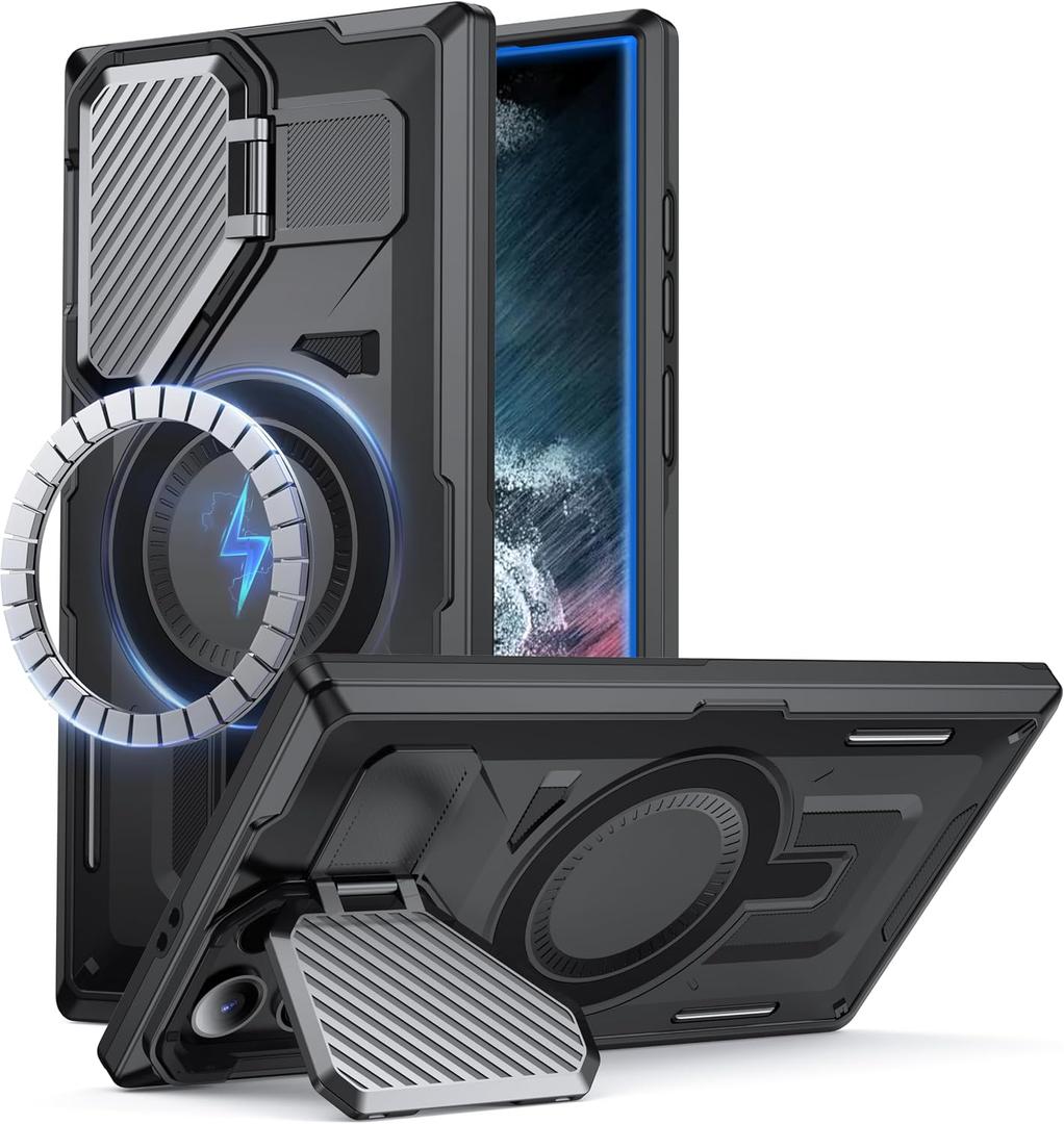 for Samsung Galaxy S22 Ultra/S23 Ultra Case with MagSafe[Built-in Camera Cover Stand][Military-Grade Shockproof][Dual Layer Protection]Heavy Duty Bumper for S22 Ultra/S23 Ultra Phone Case,Black