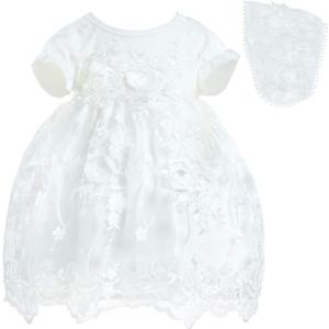 Baby Girls Christening Baptism Dress Newborn Delicate Embroidered Lace Gowns with Bonnet for Wedding Party 0-24M (6-12 Months, Off-white)