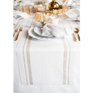 Solino Home Striped Table Runner 60 Inches - 100% Pure Linen Natural and White French Stripe Small Table Runner 14 x 60 Inch Ideal for Dresser and Coffee Tables - Summer
