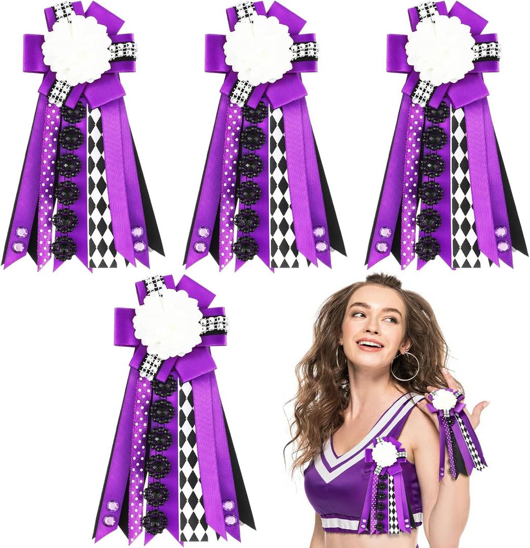 Norme 4 Pcs Mini Homecoming Decoration - 5.9" 2025 Homecoming Mum Flower & Ribbon Hand Accessories Set for Back to School Party Events Favors Supplies(Purple)