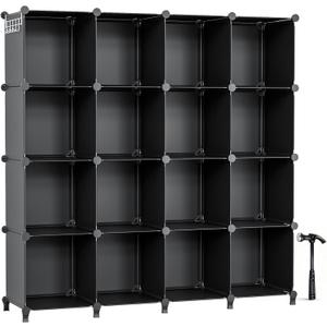 Neprock 16 Cubby Storage Organizer, Closet Clothes Storage Organizer, Cube Shelves Closet Organizers and Storage Shelves for Clothing Storage with Hammer, Bookshelf for KidsBlack