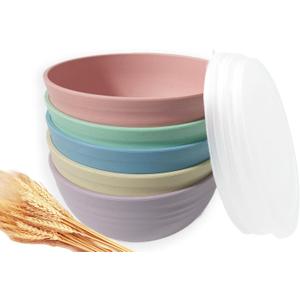 5 Pack Unbreakable Wheat Straw Bowls with Lid, 26 OZ Cereal Bowls for Kitchen, Dishwasher Safe Soup and Salad Bowls, Reusable microwave bowl for Ice Cream,Snack and Fruits, 6in