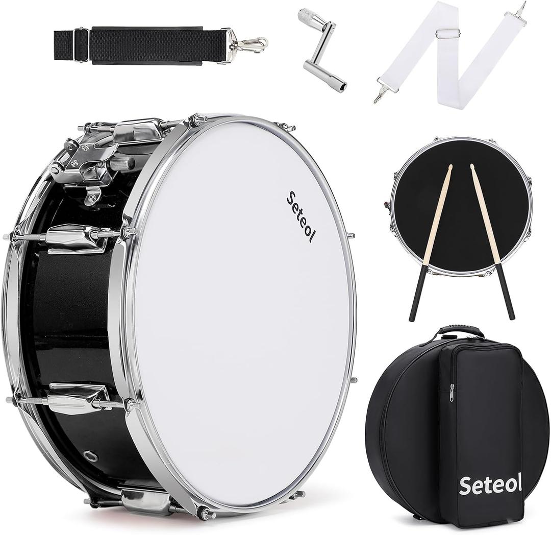 Snare Drum Kit, 14" x 5.5" Marching Snare Drum + Storage Padded Bag + Silent Mute Pad + Pair Of 5A Drumsticks + Drums Key, Portable Drums Hardware Set for Adults (Black)