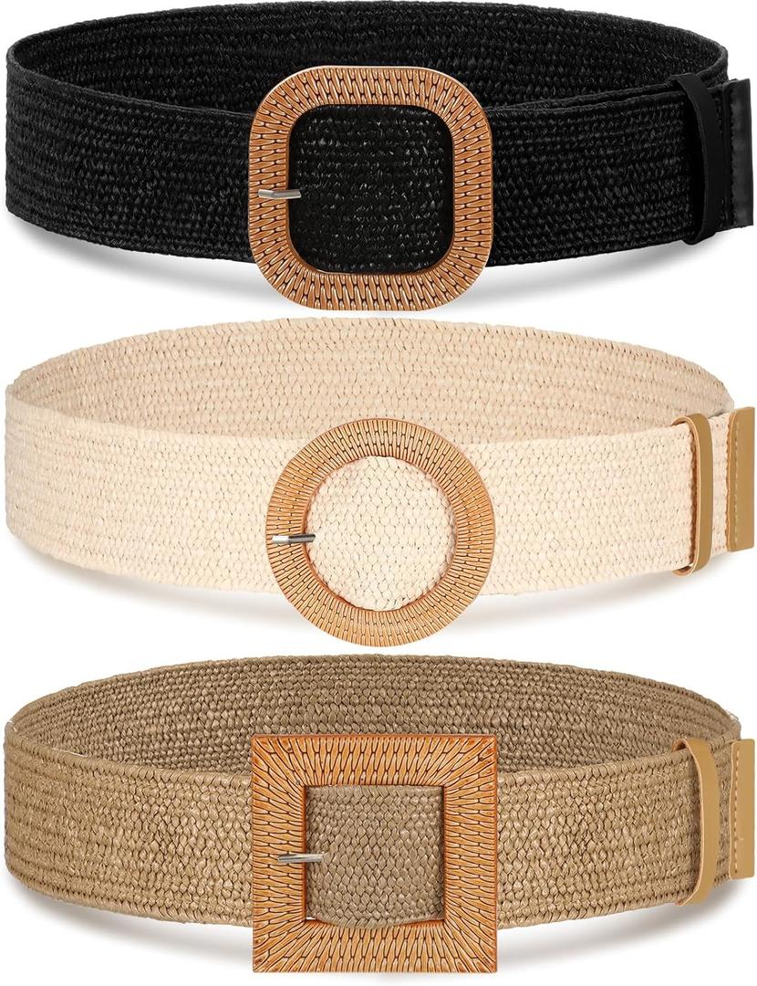 Syhood 3 Pieces Straw Woven Elastic Waist Belt for Women Bohemian Dress Braided Belt (Fit Waist Size Below 36'', Black, Khaki, Apricot)