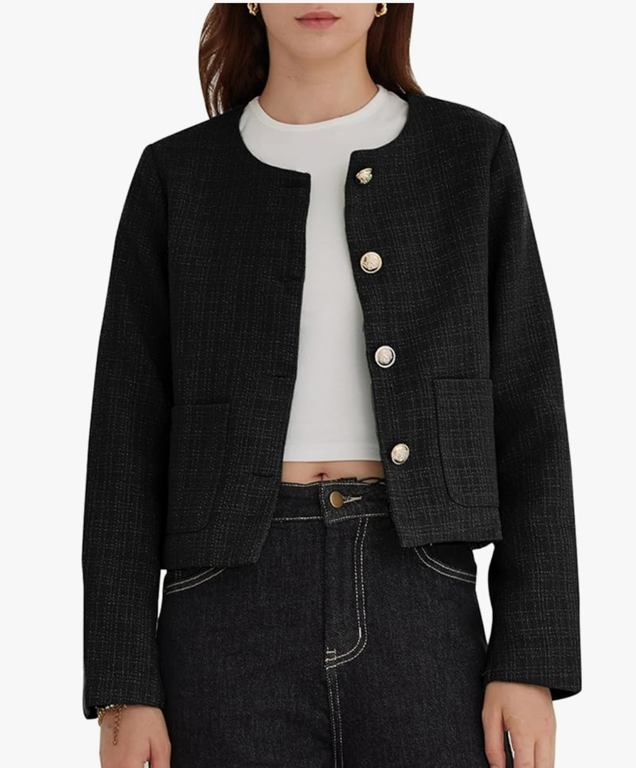 LifeShe Tweed Jacket Women Cropped Long Sleeve Work Blazers Fall Casual Open Front Office Coats S