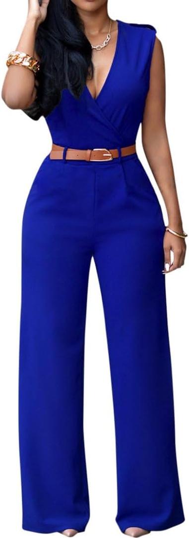 Pink Queen Jumpsuits for Women Dressy V Neck Sleeveless Wide Leg Long Pants Rompers (X-Large, Z-sky Blue)