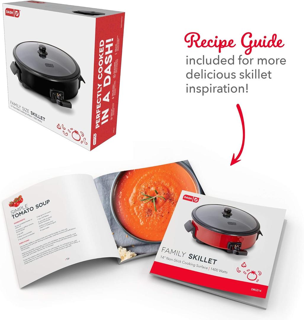 Dash Family Size Electric Skillet with 14 inch Nonstick Surface + Recipe Book for Pizza, Burgers, Cookies, Fajitas, Breakfast & More, 20 Cup Capacity, 1400-Watt - Black