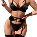 popiv Women's Sexy Lingerie Set with Garter Belt Matching Bra and Panty Lingeries Sets 4 Piece (Velvet Black) Sma