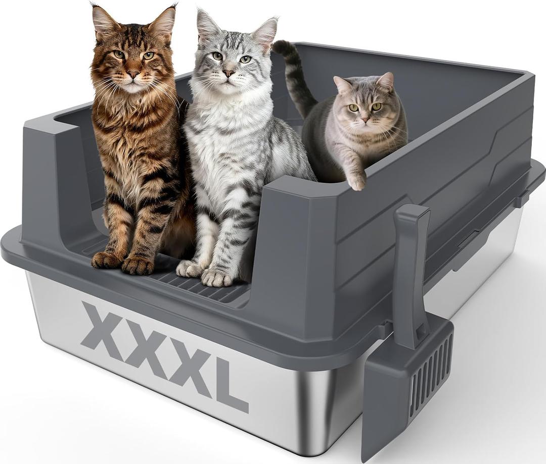 Stainless Steel Litter Box Extra Large for Big Cats Multi-Cats, Jumbo Extra Large Metal Cat Litter Box with High Sided Lid, Anti-Urine Leakage, Non-Stick,Include Litter Scoop (XXXL, Dark Grey)
