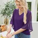 Uhiger 3/4 Length Sleeve Womens Tops V Neck Chiffon Blouse Dressy Casual Double Layered for Weekend Outings and Everyday Wear (Purple, XXL)