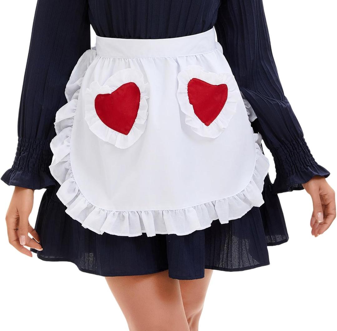 Nanxson Retro Lace Maid Costume Half Apron with Pocket Adjustable Kitchen Cooking Apron for Women and Girls CF3130 (Heart)