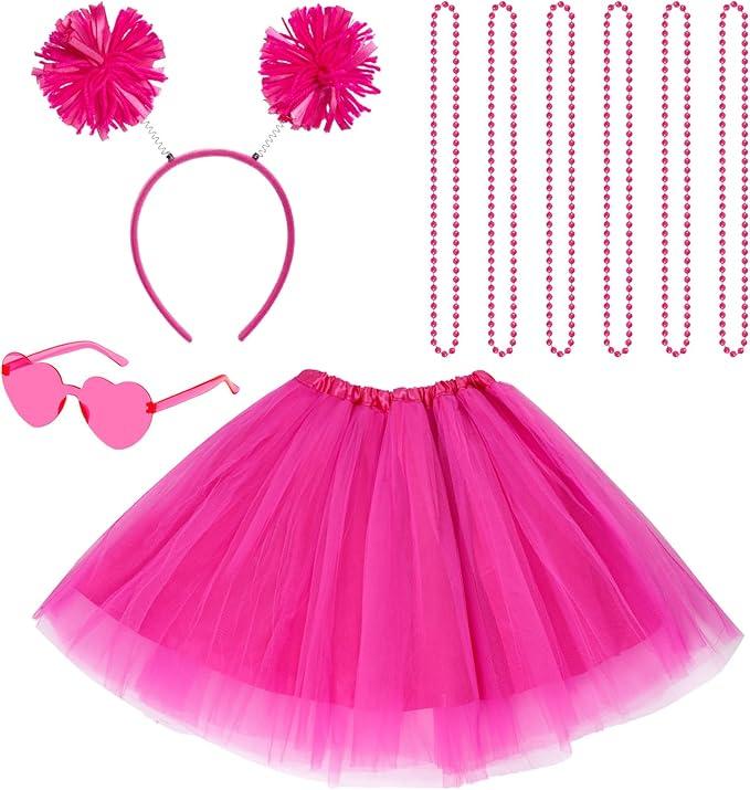 Sucrain Tutu Costume Accessories Set, Spirit Day Pom Pom Headband Necklaces Heart Sunglasses Tutu Wear for Women Party