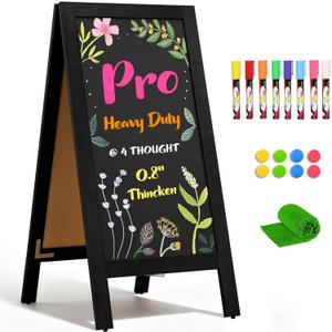 4 THOUGHT Heavy Duty A-Frame Magnetic Chalkboard 40"x20", 0.8" Thickened Solid Pine Wood Sandwich Board, Sturdy Windproof Standing Sign for Outdoor Restaurants, Cafes (Black)