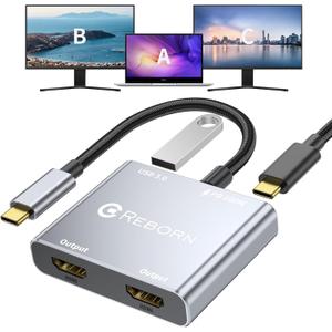 USB C to Dual HDMI Adapter | 4K@60Hz HDMI Splitter Extended Display for Dual Monitors, Multi-Monitor Adapter with USB and 100W PD, Windows Allows 3 Separate Screens, macOS Only Allows Mirror Mode