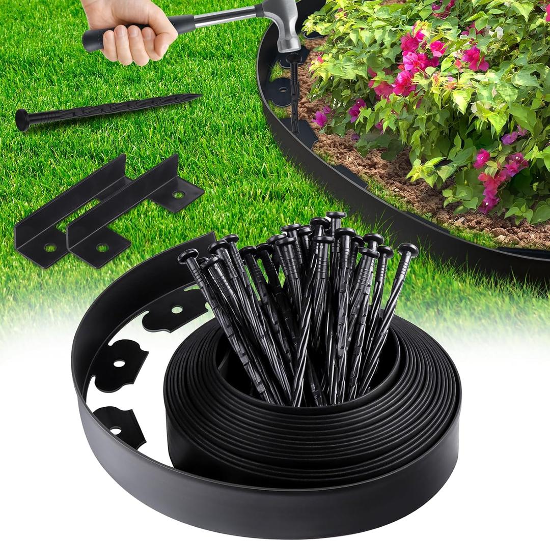 Landscape Edging Border No Dig - 20FT 2IN Tall Garden Edging Border with 20 Stakes, Plastic Garden Fence Lawn Edging Flexible for Landscaping, Flower Beds, Yard, Pathway with Connectors (Black)