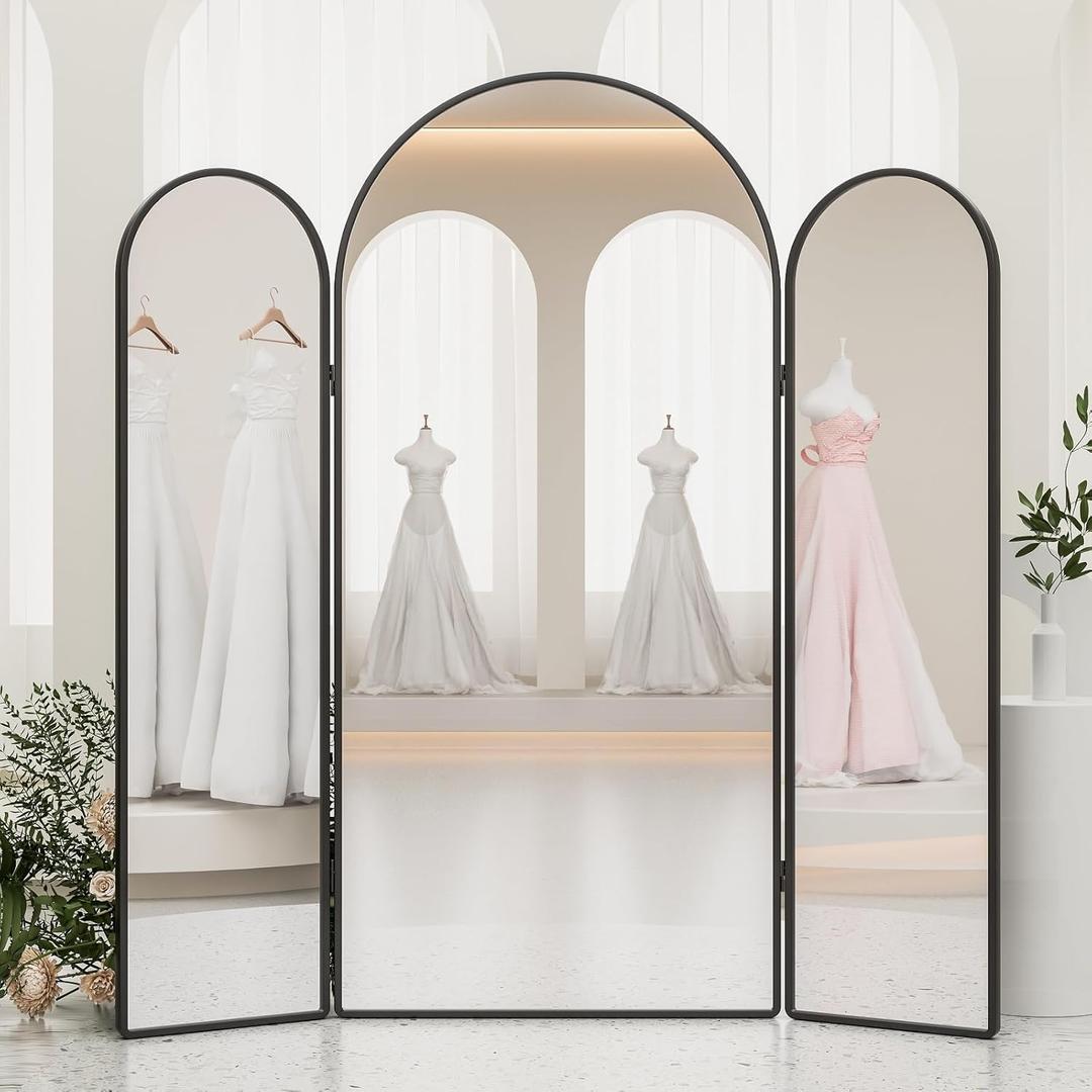 3 Way Arched Full Length Mirror Free Standing, 71"x 67" Large Modern Trifold Mirror, 3-in-1 Detachable Panel Tempered Glass & Metal Frame, for Dressing Room, Bridal Shop, Clothing Store (Black)