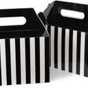 Happyhiram 30 Pcs Large Treat Boxes with Handles Black and White Stripes, 9x6x6 Gable Gift Boxes Barn Carry Out Box Recyclable Paper Packaging for Graduation Lunch (Pop-up Black)